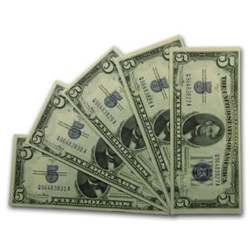 1934-D $5.00 Silver Certificate CCU (Fr#1654) Wide I (5 Consec)