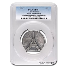 2024 Cook Islands 5 oz Silver Antique Eiffel Tower SP-70 PCGS FDI