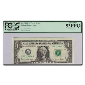 1977-A (E-Richmond) $1 FRN AU-53 PPQ PCGS (Fr#1910-E) Cut Error