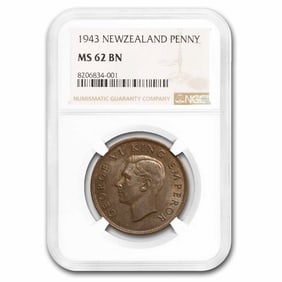 1943 New Zealand Bronze 1 Penny Tui Bird George VI MS-62 NGC