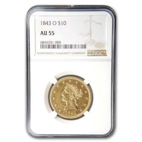 1843-O $10 Liberty Gold Eagle AU-55 NGC