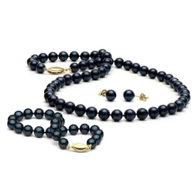 Black Akoya Pearl 3-Piece Jewelry Set, 6.5-7.0mm