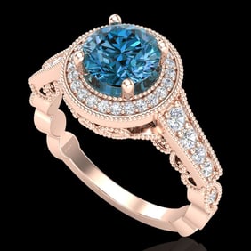 1.91 ctw Fancy Intense Blue Diamond Art Deco Ring 18k Rose Gold