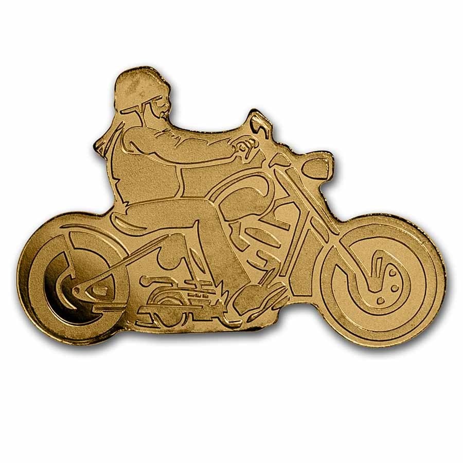 Palau 1/2 gram Gold $1 Biker Shaped Coin: Palau 1/2 gram Gold $1 Biker Shaped Coin SKU no: RBJ262127 Grade: Brilliant Unc Grade Service: None Denomination: 1 Dollar Mint Mark: Not Shown Metal Content: 0.016 troy oz Purity: .9999