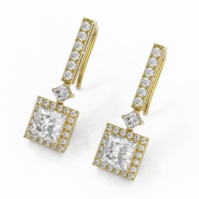 3 ctw Princess Cut Diamond Designer Earrings 18K Yellow Gold