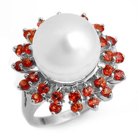 1.50 ctw Red Sapphire & Pearl Ring 18k White Gold