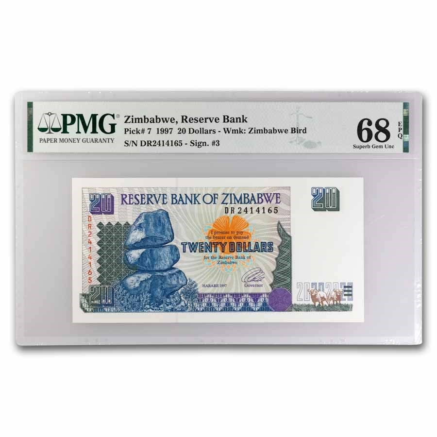 1997 Zimbabwe 20 Dollars CU-68 EPQ: 1997 Zimbabwe 20 Dollars CU-68 EPQ PMG SKU no: RBJ313170;Year: 1997;Grade: (PMG) Superb Gem Unc - 68;Grade Service: PMG;Denomination: 20 Dollars;Mint Mark: N/A - Not Available;Metal Content: 0 troy oz