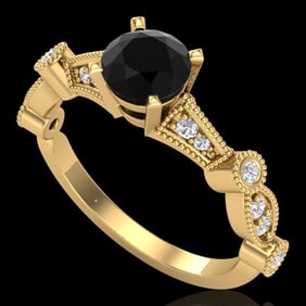 1.03 ctw Fancy Black Diamond Engagment Art Deco Ring 18k Yellow Gold