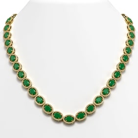 52.15 ctw Emerald & Diamond Micro Pave Halo Necklace 10k Yellow Gold