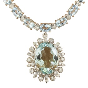 Natural Aquamarine Diamond Necklace In 14