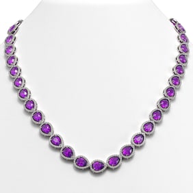 35.13 ctw Amethyst & Diamond Micro Pave Halo Necklace 10k White Gold