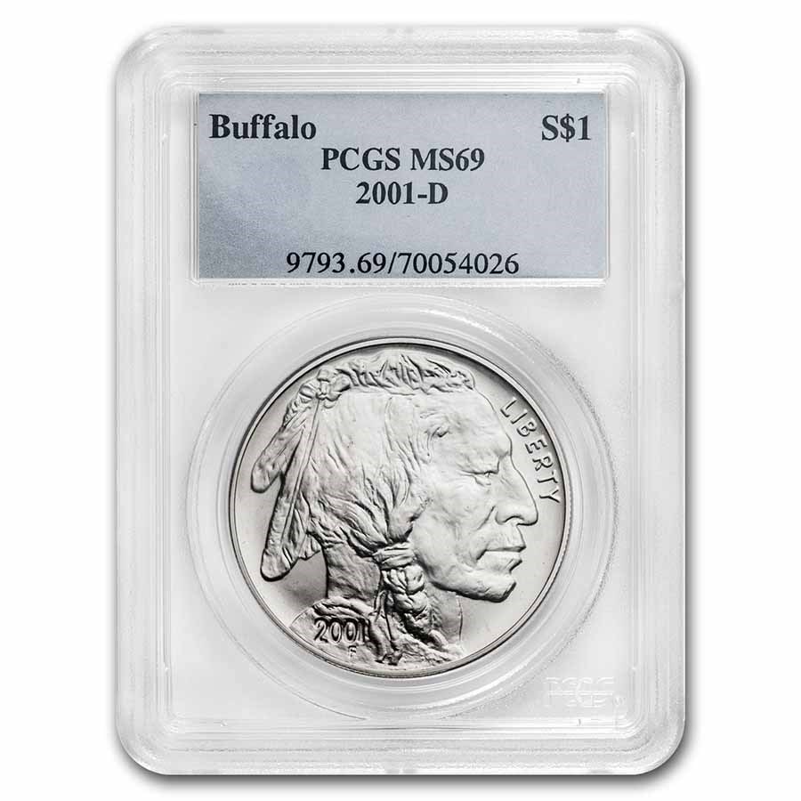 2001-D Buffalo $1 Silver Commem MS-69: 2001-D Buffalo $1 Silver Commem MS-69 PCGS SKU no: RBJ21985;Year: 2001;Grade Service: PCGS;Denomination: $1.00 Dollar;Metal Content: 0.7734 troy oz;Purity: .900;Thickness: 3.1 mm;Diameter: 38.1 mm Gui