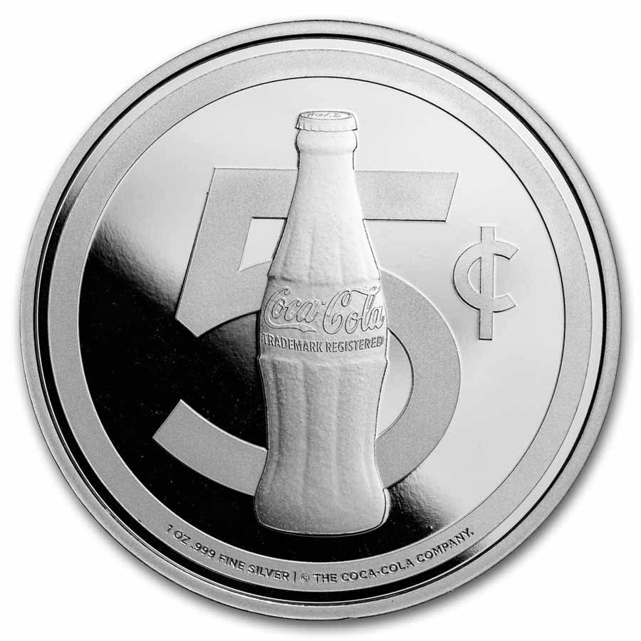 Coca-Cola 5 cent Bottle 1 oz Silver Struck Round: Coca-Cola 5 cent Bottle 1 oz Silver Struck Round SKU no: RBJ294014 Grade: None Grade Service: None Mint Mark: N/A - Not Available Metal Content: 1 troy oz Purity: .999 Thickness: 2.8 mm <