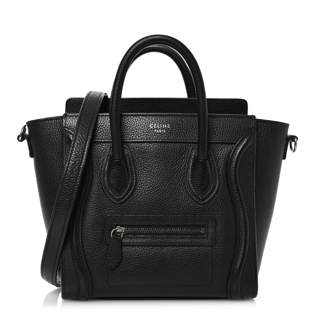 Celine Drummed Calfskin Nano Luggage Black: Celine Drummed Calfskin Nano Luggage Black Brand: CELINE Condition: Excellent Condition Details: Exterior: Faded area(s), Interior: Scuffs, surface wear, marks, Hardware: Faint scratch(es), , Strap Ba