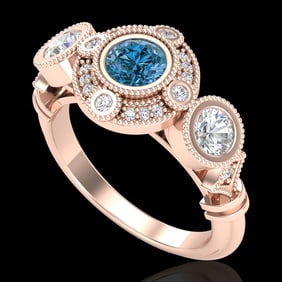 1.51 ctw Intense Blue Diamond Art Deco 3 Stone Ring 18k Rose Gold