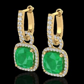 6 ctw Emerald & Micro Pave VS/SI Diamond Earrings 18k Yellow Gold