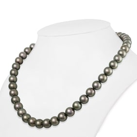 Dark Green and Peacock True Round Tahitian Pearl Necklace, 18"es, 9.0-9.9mm, AAA Quality