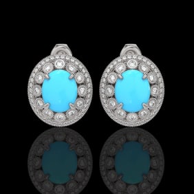 9.21 ctw Turquoise & Diamond Victorian Earrings 14K White Gold