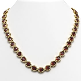 36.93 ctw Garnet & Diamond Micro Pave Halo Necklace 10k Yellow Gold