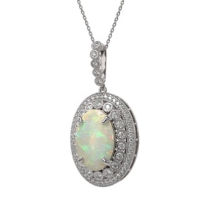 13.42 ctw Certified Opal & Diamond Victorian Necklace 14K White Gold