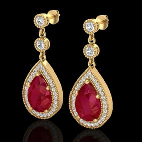 6 ctw Ruby & Micro Pave VS/SI Diamond Earrings Designer 18k Yellow Gold