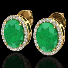 5.50 ctw Emerald & Micro VS/SI Diamond Halo Earrings 18k Yellow Gold
