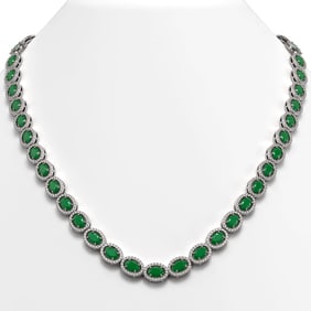 34.11 ctw Emerald & Diamond Micro Pave Halo Necklace 10k White Gold