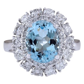 Natural Aquamarine Diamond Ring In 14