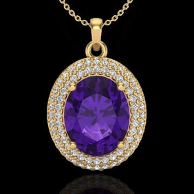 4 ctw Amethyst & Micro Pave VS/SI Diamond Necklace 18k Yellow Gold