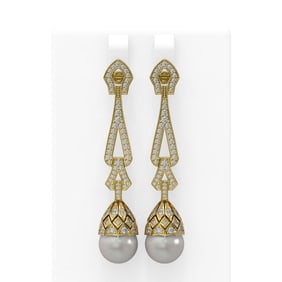 3 ctw Diamond & Pearl Earrings 18K Yellow Gold