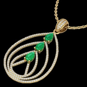 2 ctw Emerald & Micro Pave VS/SI Diamond Necklace 18k Yellow Gold