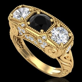 2.51 ctw Fancy Black Diamond Art Deco 3 Stone Ring 18k Yellow Gold