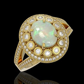 3.93 ctw Certified Opal & Diamond Victorian Ring 14K Yellow Gold