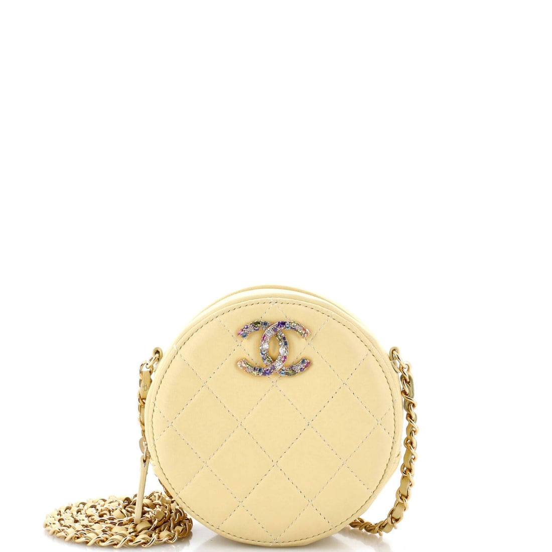 Chanel Crystal CC Round Clutch with: Chanel Crystal CC Round Clutch with Chain Quilted Lambskin Exterior Color: Yellow Interior Color: Yellow Exterior Material: Leather Interior Material: Fabric Hardware Color: Gold Tone Accessories: