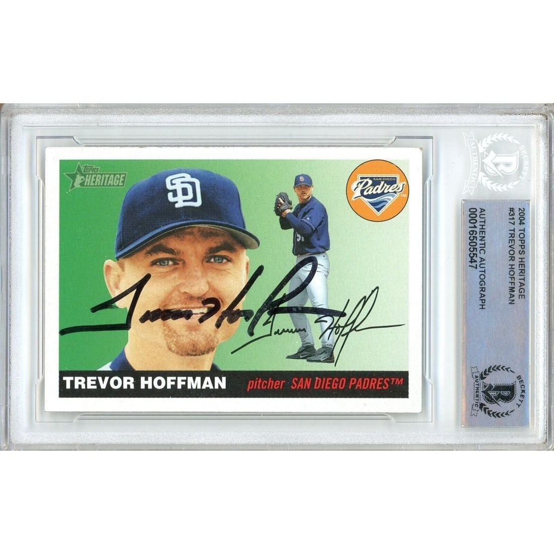 trevor hoffman san diego padres signed: trevor hoffman san diego padres signed 2004 topps heritage card beckett auth auto slab This Trevor Hoffman 2004 Topps Heritage baseball card is a must-have for San Diego Padres fans and collectors ali