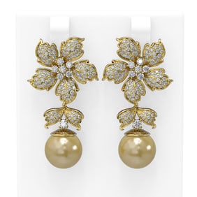 3 ctw Diamond & Pearl Earrings 18K Yellow Gold