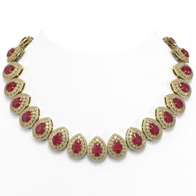 121.42 ctw Certified Ruby & Diamond Victorian Necklace 14K Yellow Gold