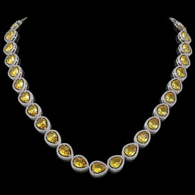 36.8 ctw Fancy Citrine & Diamond Micro Pave Halo Necklace 10k White Gold