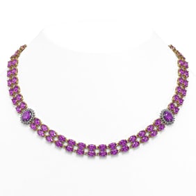 55.03 ctw Amethyst & Diamond Necklace 14K Yellow Gold