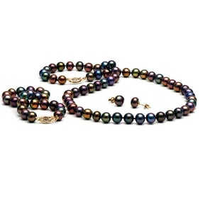 Black Freshwater Pearl 3-Piece Jewelry Set, 7.5-8.0mm