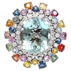 Natural Aquamarine, Sapphire Diamond Ring In