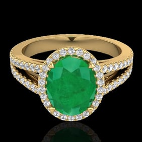 3 ctw Emerald & Micro VS/SI Diamond Halo Solitaire Ring 18k Yellow Gold