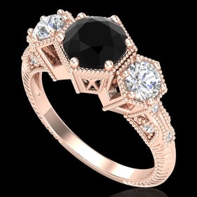 1.66 ctw Fancy Black Diamond Art Deco 3 Stone Ring 18k Rose Gold