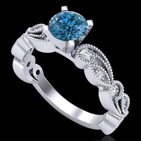 1.01 ctw Fancy Intense Blue Diamond Art Deco Ring 18k White Gold