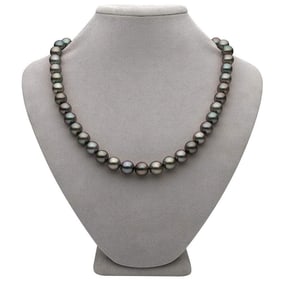 Subtle Peacock and Steel Round Tahitian Pearl Necklace, 18", 8.9-10.9mm, AA+/AAA Quality