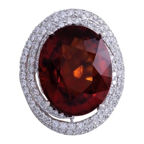 Hessonite Garnet and Diamond Ring 14K White Gold