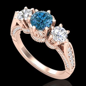 2.18 ctw Intense Blue Diamond Art Deco 3 Stone Ring 18k Rose Gold