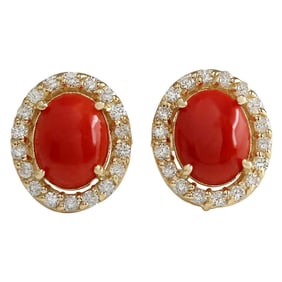 Coral Diamond Earrings 14K Yellow Gold