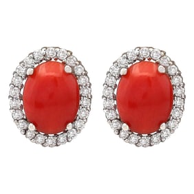 Coral Diamond Earrings 14K White Gold