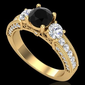 2.07 ctw Fancy Black Diamond Art Deco 3 Stone Ring 18k Yellow Gold